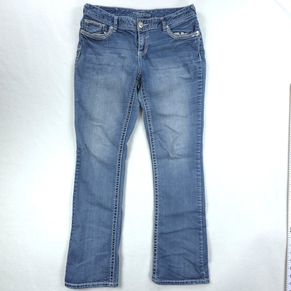 Maurices Jeans Womens 9/10 Short Blue Bootcut Mid Rise Embellished Denim Y2K